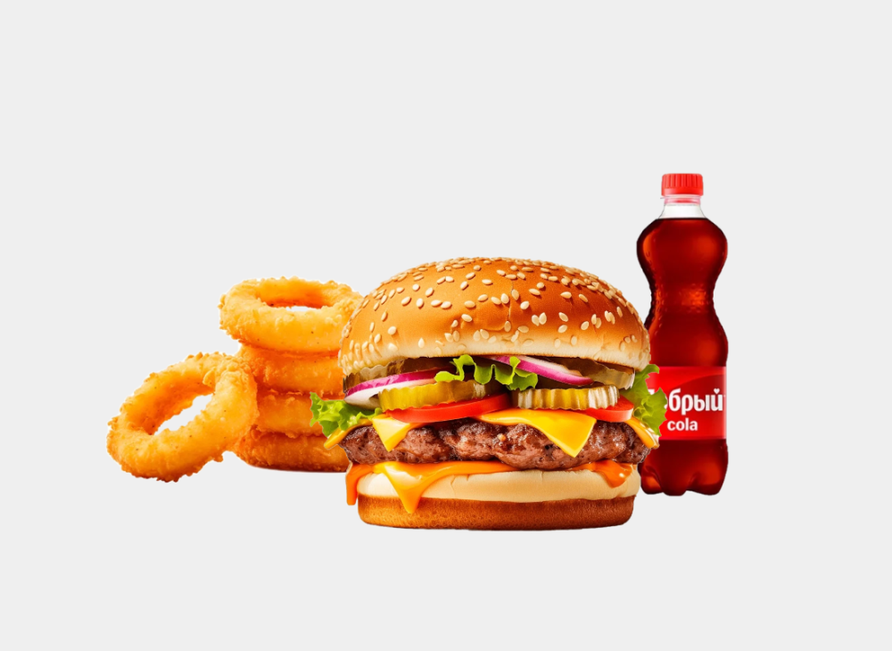 Чизбургер, 3 луковых колечка, кола 0.5