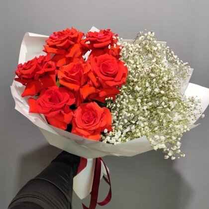 Букет с Французской Розой и Гипсофилой.