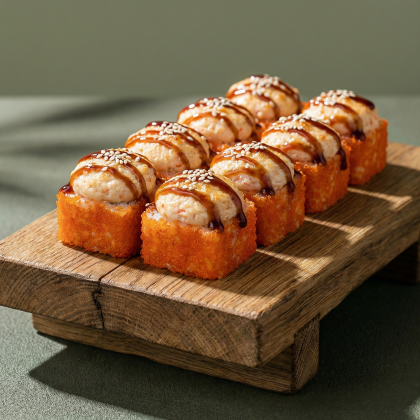 Запеченный ролл с креветками и крабом