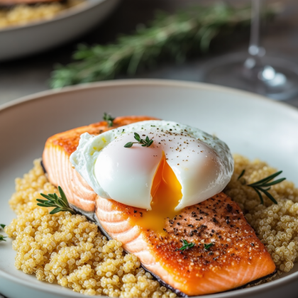 Киноа с лососем и яйцом пашот