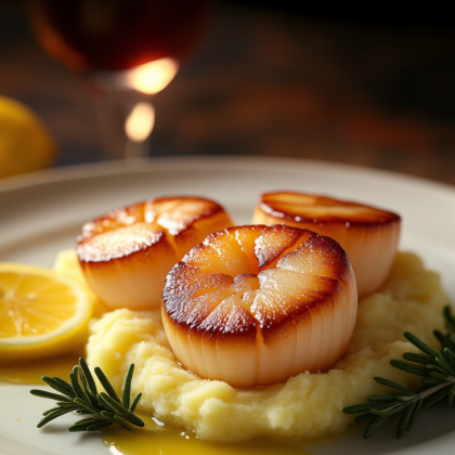 Сахалинский гребешок с картофельным пюре и папоротником