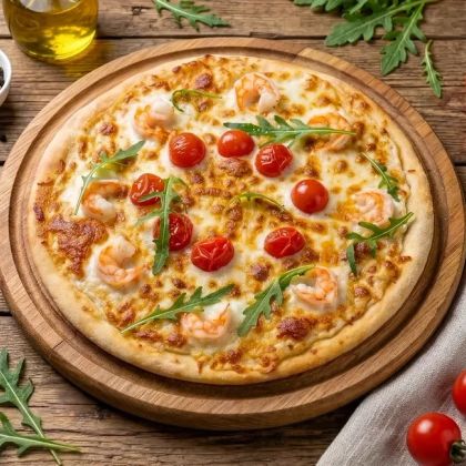 Пицца с креветками и сливочным соусом