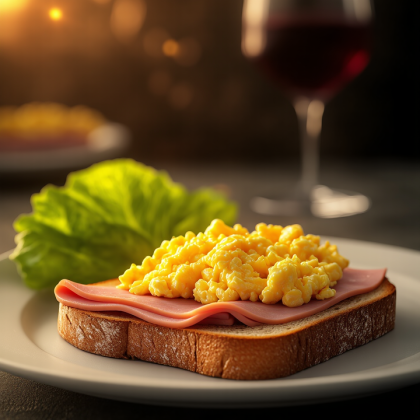 Скрэмбл с мортаделлой на хрустящем тосте