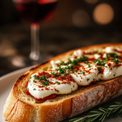 Брускетта со страчателлой и печеной паприкой