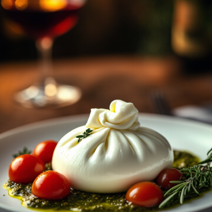 Буратта с томатами черри и соусом песто