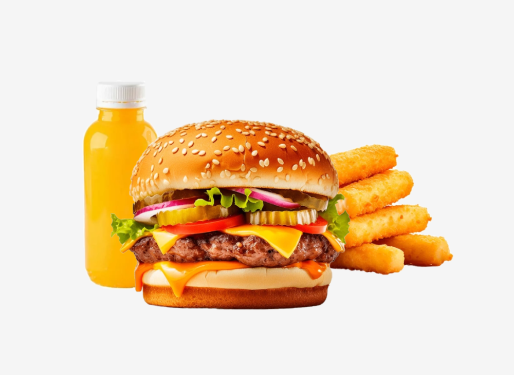 Чизбургер, 3 сырных палочки, морс