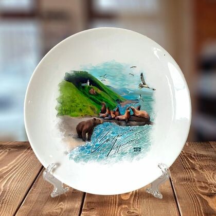 Тарелка "Медведь, сивучи" коллаж 15см