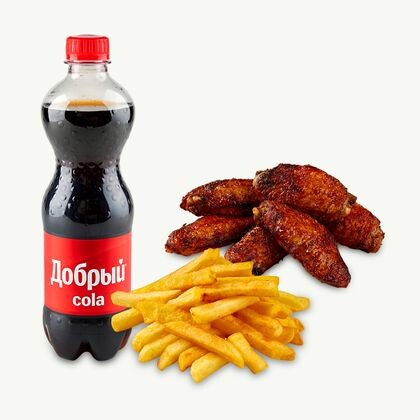 Крылышки фри, картошка фри, кола 0.5