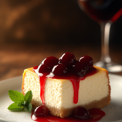 Сырник с муссом из вареной сгущенки и вишневым вареньем